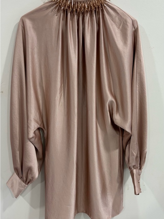 Trina Turk Champagne Satin Beaded High-Neck Mini Dress - Picture 2 of 10